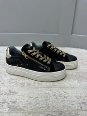Nero Giardini Black Leather Platform Shoe With Velour & Gold Detail- 108410D 100