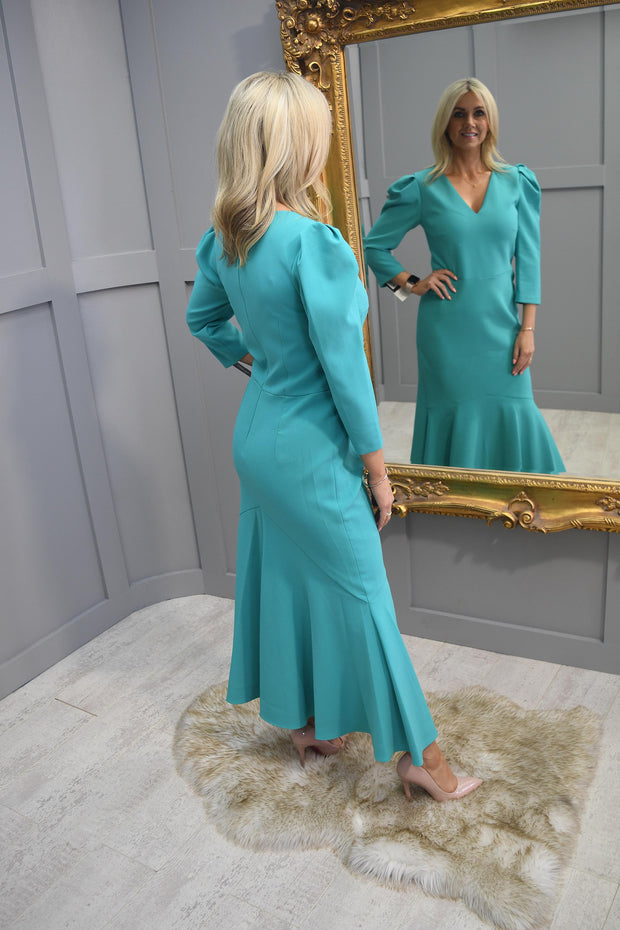 4698 Kate Cooper Jade Green Fishtail Dress With V Neck Detail- KCAW23143