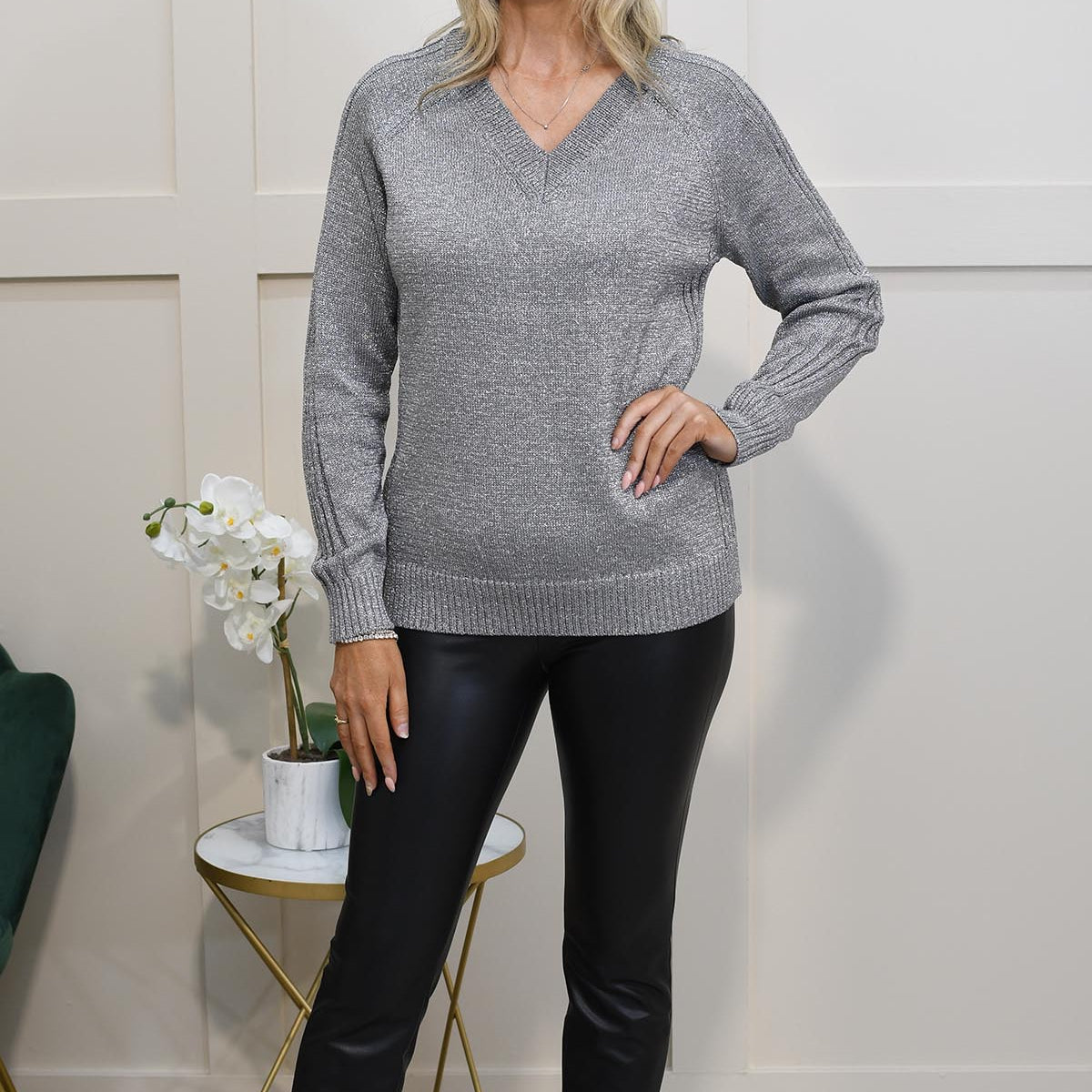 Pomodoro Silver Shimmer V Neck Jumper Style Boutique NI