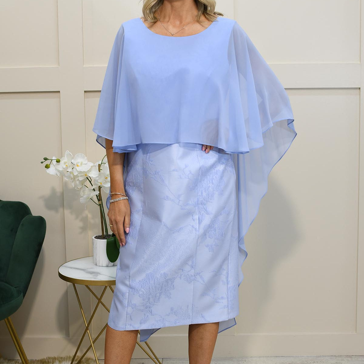 BRZ-88572 BLUE EMBROIDERED BELTED DRESS