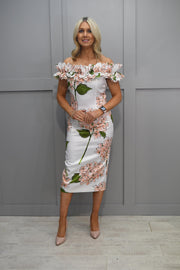 Carla Ruiz White & Peach Hydrangea Dress With Ruffle Off-Shoulder Detail- 50645