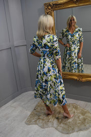 Kate Cooper White, Green & Blue Abstract Print Dress With Ruched Detailing- KCS24111
