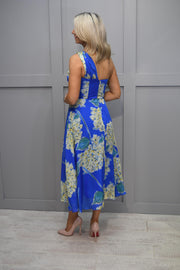 Carla Ruiz Blue & Yellow Hydrangea Dress With One Shoulder Detail - 50644