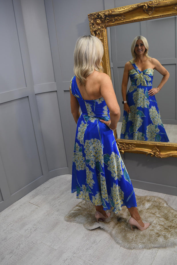 Carla Ruiz Blue & Yellow Hydrangea Dress With One Shoulder Detail - 50644