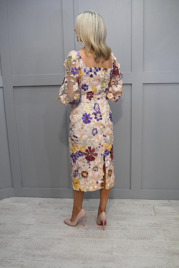 Carla Ruiz Peach Floral Embroidered Dress With Balloon Sleeve- 50602