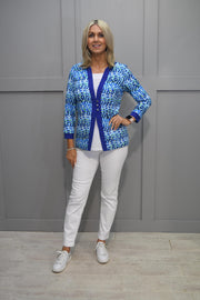 YEW Blue & Green Wavy Abstract Print Jacket Style Top- 4091 Harper