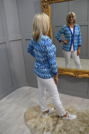 YEW Blue & Green Wavy Abstract Print Jacket Style Top- 4091 Harper