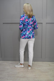 YEW Teal, Blue & Pink Abstract Print Jacket Style Top- 4091 Marsha
