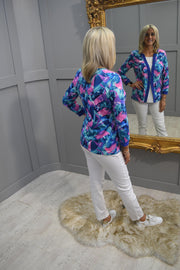 YEW Teal, Blue & Pink Abstract Print Jacket Style Top- 4091 Marsha