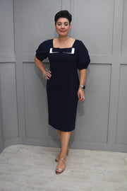 Ella Boo Navy Dress With White Bow & Puff Sleeve Detail - 2236 40