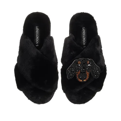 Laines London Black Slippers With Sausage Dog Brooch - DOG
