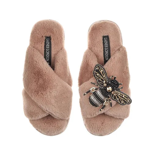 Laines London Blush Slippers With Black & Gold Bee Brooch - BEE