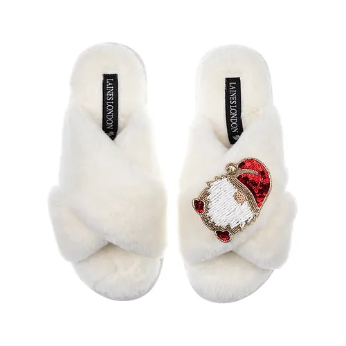 Laines London Cream Slippers With Christmas Gonk Brooch - GONK