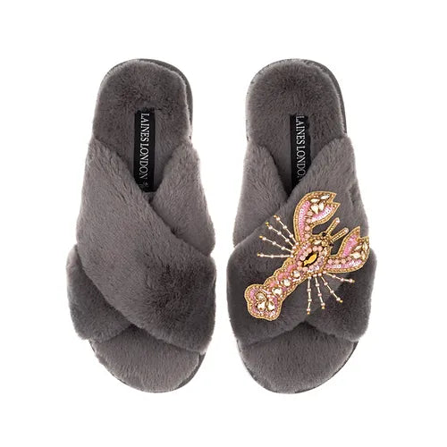 Laines London Grey Slippers With Pink & Gold Lobster Brooch - LOBSTER