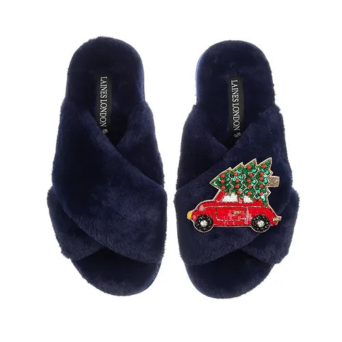 Laines London Navy Slippers With Christmas Car Brooch - CAR