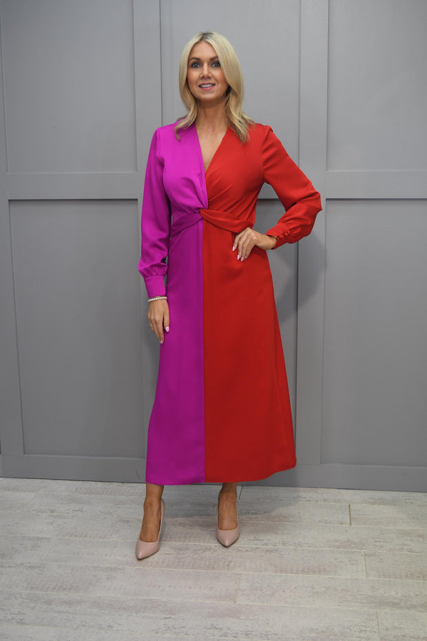 Kate Cooper Red & Fuchsia Two Tone Dress with Knot Detail- KCAW23134