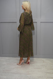4748 Kyla Khaki & Fuchsia Animal Print Plisse Dress With Bell Sleeve- 5495