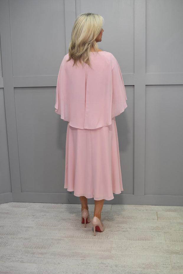 4767 Lizabella Blush Pink Cape Dress With Floral Waist Detail- L-23AW-2757-20