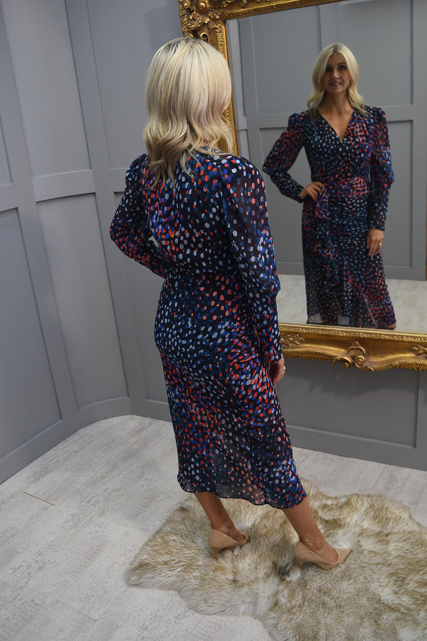 4804 Kate Cooper Navy, Red & Royal Spot Dress With Sheer Detailing - KCAW23105