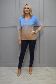 Marble Sky Blue & Tan Sweater With Soft V Neck & Speckle Detail-7122 213