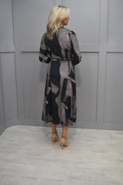 4895 K.Design Khaki & Lilac Abstract Print Dress With Drawstring & Zip Detail- X388
