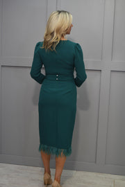 4928 Olimara Forest Green V Neck Dress With Feather Trim & Diamante Buckle-14230138