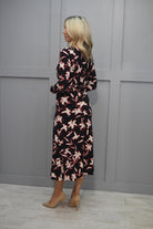 4934 Tia Black, Beige & Red Long Sleeve Dress With Ruched Detail-78718 7743 90