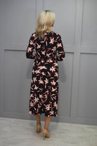 4934 Tia Black, Beige & Red Long Sleeve Dress With Ruched Detail-78718 7743 90