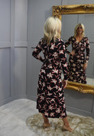 4934 Tia Black, Beige & Red Long Sleeve Dress With Ruched Detail-78718 7743 90