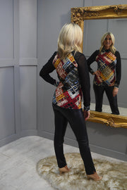4941 Dolcezza Multicolour Abstract Print Top With Mesh Sleeves-73701