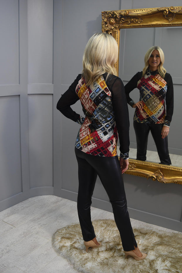 4941 Dolcezza Multicolour Abstract Print Top With Mesh Sleeves-73701
