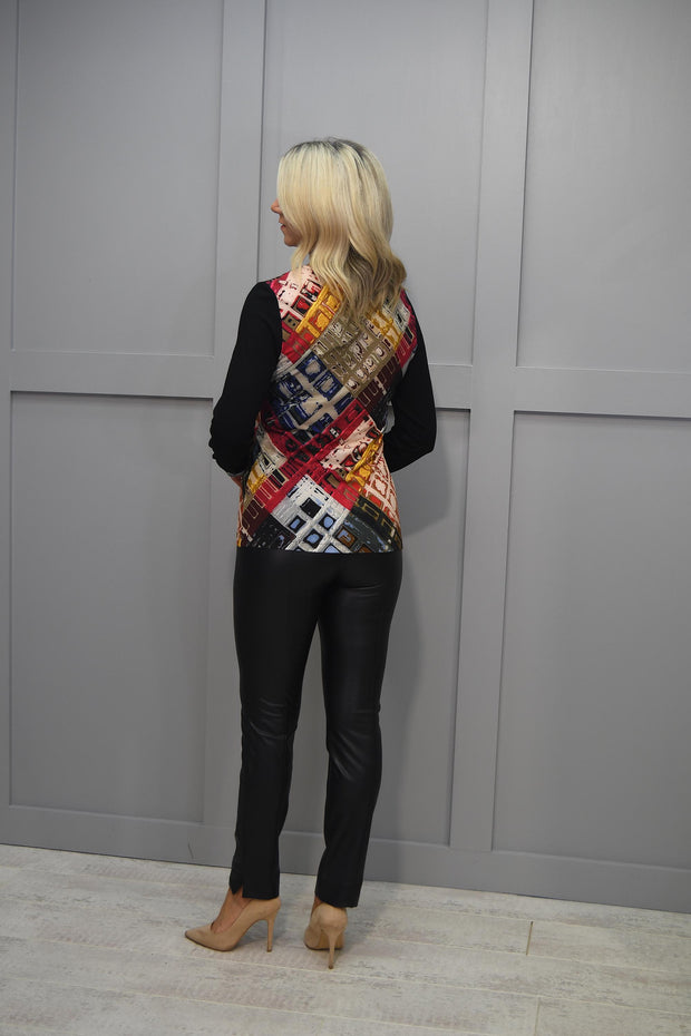 4947 Dolcezza Multicolour Abstract Print V Neck Top With Black Sleeves- 73700