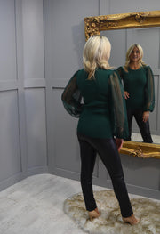 4956 Marina V Forest Green Sweater With Shoulder Cut Out & Sheer Lace Sleeve-FW23-108