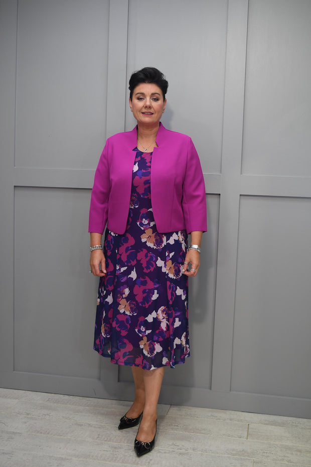 4960 Avalon Fuchsia & Purple Floral Print Dress With Jacket Overlay- 322