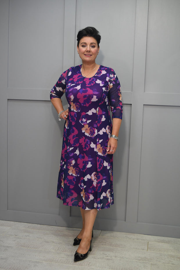 Avalon Fuchsia & Purple Floral Print Dress With Jacket Overlay- 322