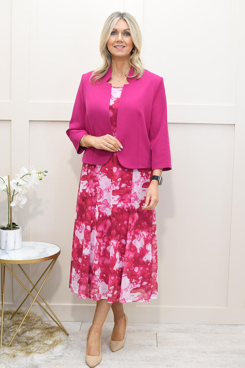 Via Veneto Watercolour Print Dress With Bolero in Magenta