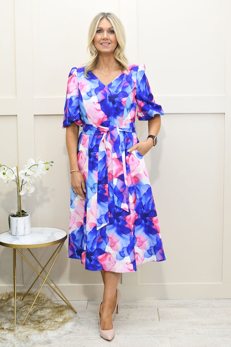 Coco Doll Watercolour Print Dress With Tie Waist in Royal Blue and Pink