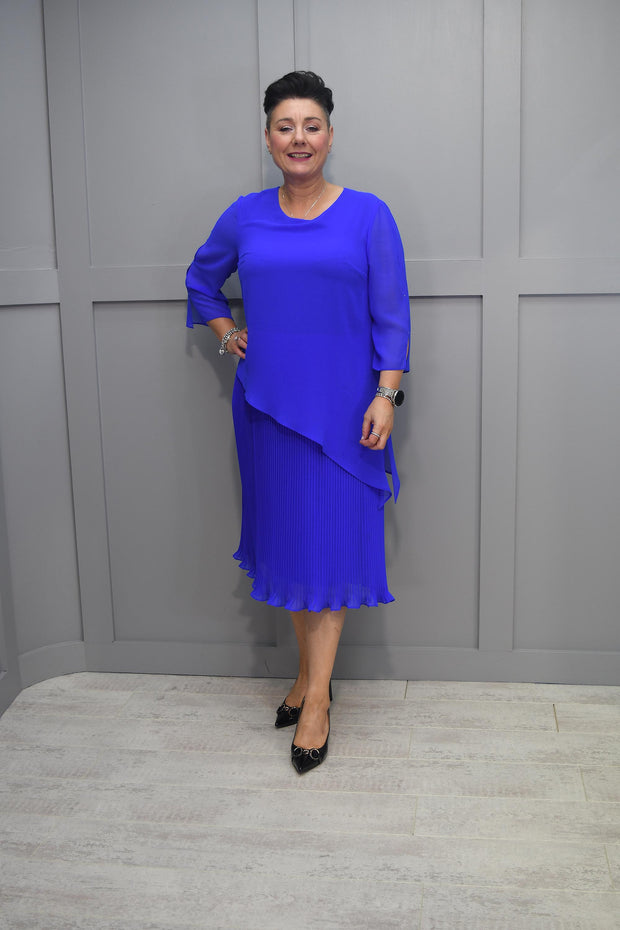 Via Veneto Royal Blue Plisse Dress With Chiffon Overlay- Freda 430