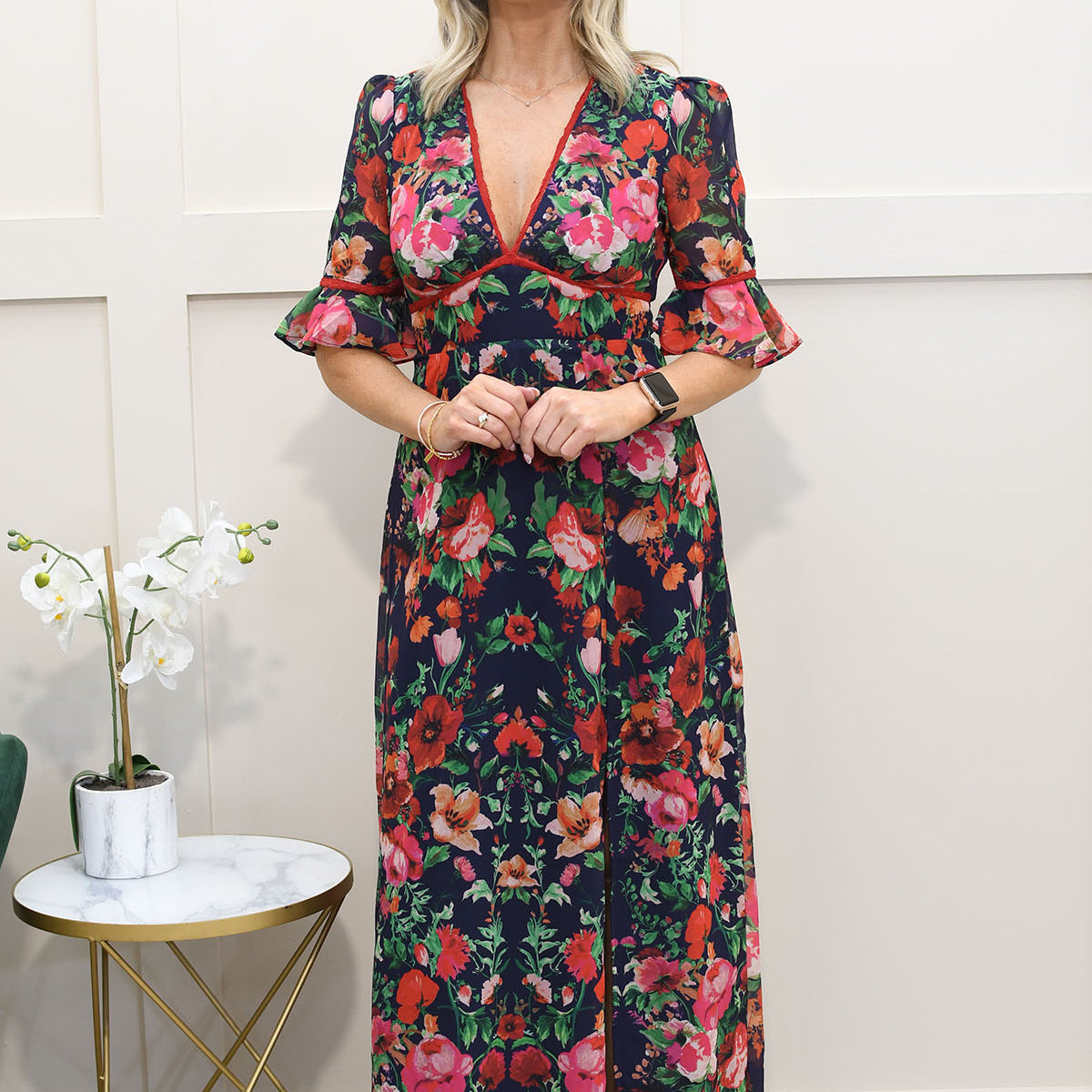 Hope & Ivy Navy Frill Sleeve Thigh Split Open Back Maxi Dress – Style ...
