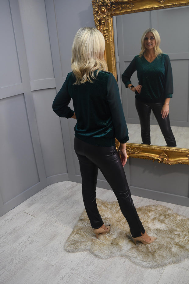 YEW Forest Green Sparkle Top With Sheer Sleeves- 3936 Ella