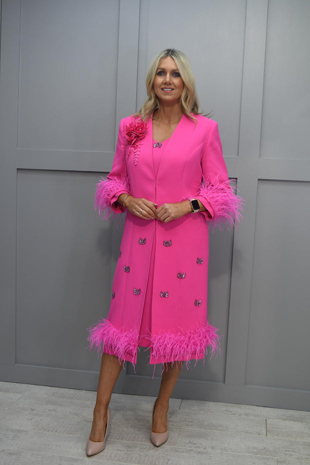 Ophelia Melita Cerise Pink Dress & Coat With Feather Boa Trim & Butterfly Jewel Detail- 631