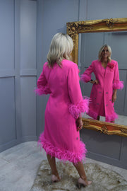 Ophelia Melita Cerise Pink Dress & Coat With Feather Boa Trim & Butterfly Jewel Detail- 631