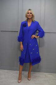 Ophelia Melita Royal Blue Dress & Coat With Feather Boa Trim & Butterfly Jewel Detail- 630