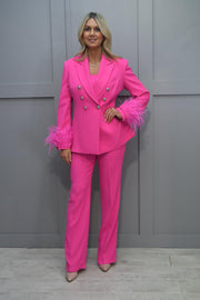 Ophelia Melita Cerise Pink Trouser Suit With Feather Boa Trim- 633