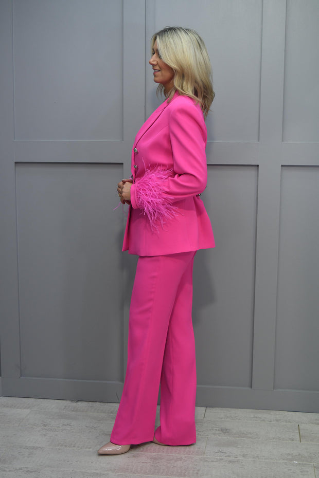 Ophelia Melita Cerise Pink Trouser Suit With Feather Boa Trim- 633
