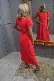 Kate Cooper Vivid Coral Dress With Drape Neck & Pleated Waist Detail-KCS24112