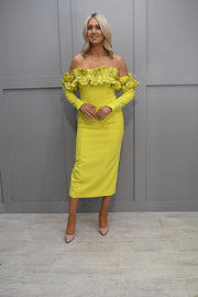 Carla Ruiz Yellow Straight Dress With Off Shoulder Ruffle Detail- 50540