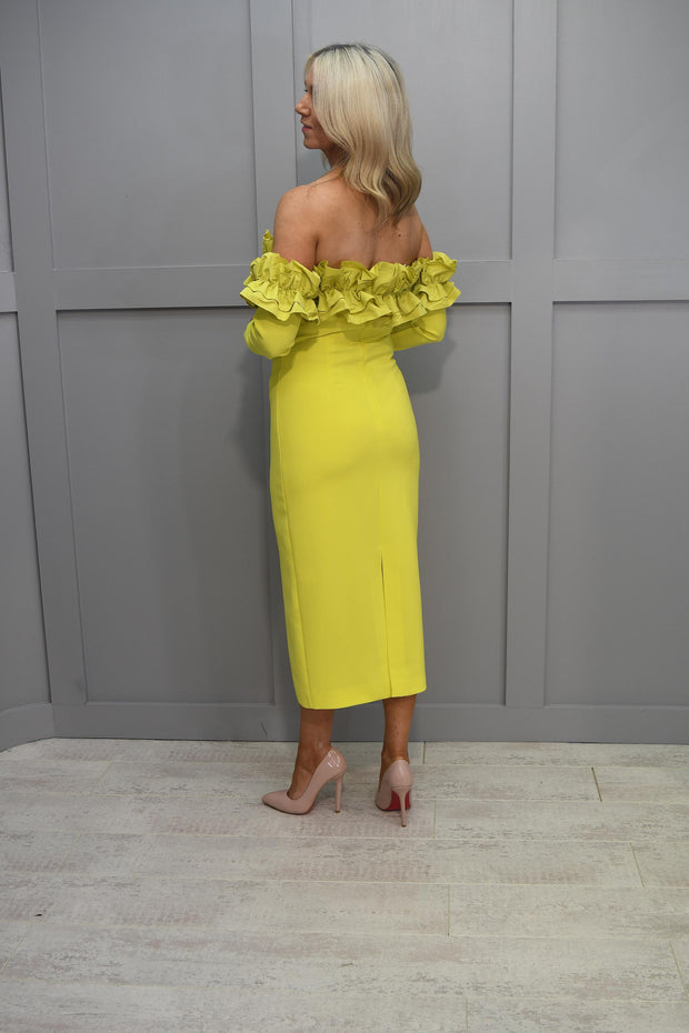 Carla Ruiz Yellow Straight Dress With Off Shoulder Ruffle Detail- 50540
