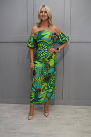 Carla Ruiz Multi-Tonal Green Dress With Puff Sleeve Detail- 50634