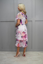 Joseph Ribkoff Pink & Lilac Floral Print Dress With Ruffle Detail- 241732